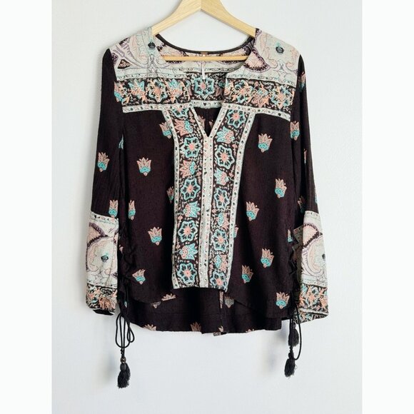 Free People Bandana Bandit Embroidered Peasant Top Size 6 Black Boho Festival - Picture 3 of 15